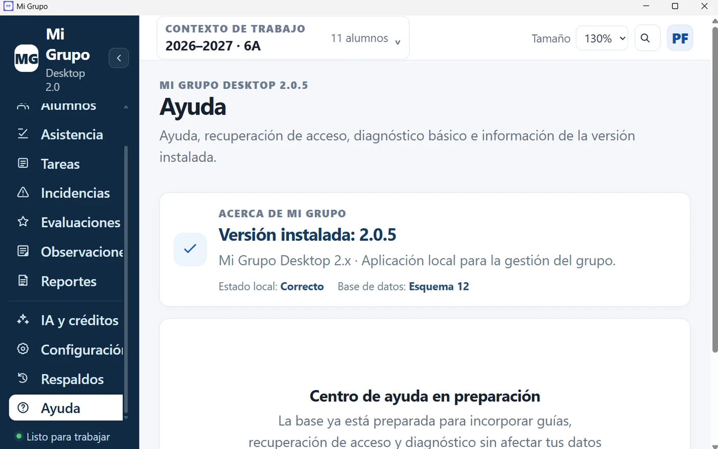 Captura real de la pantalla Ayuda y versión instalada
