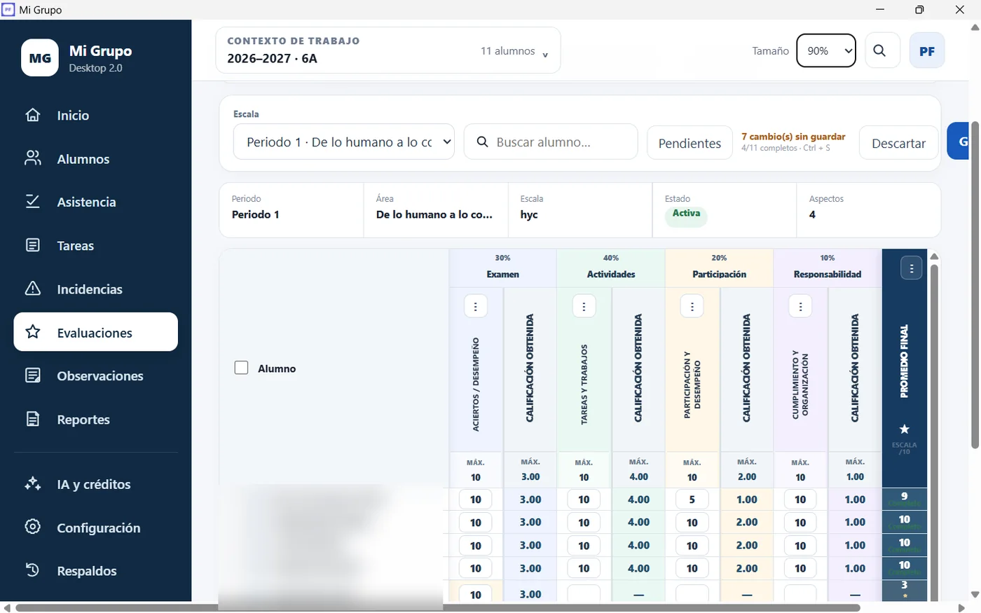 Captura real del módulo de Evaluaciones de Mi Grupo Desktop