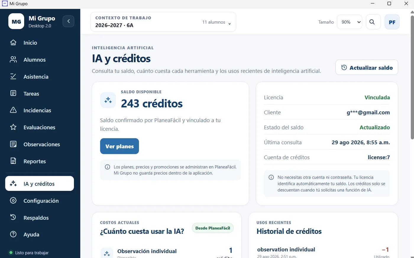 Captura real del módulo IA y créditos