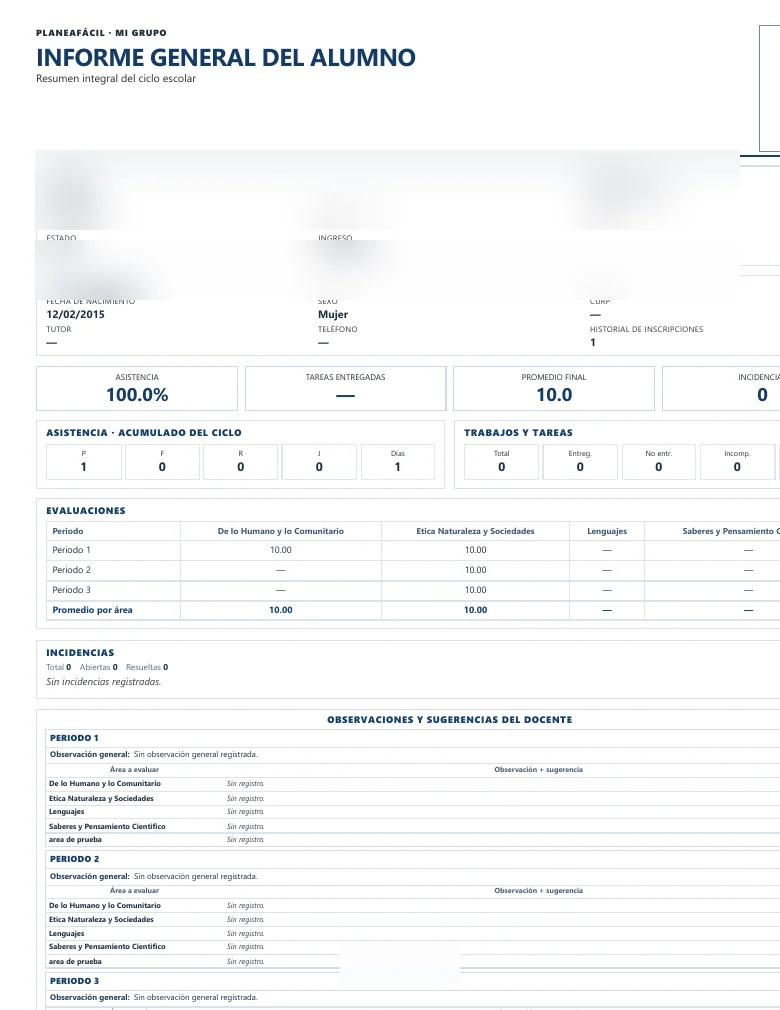 Vista real de un informe general del alumno generado por Mi Grupo