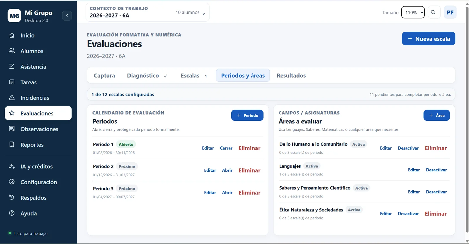 Captura real de periodos y áreas de evaluación