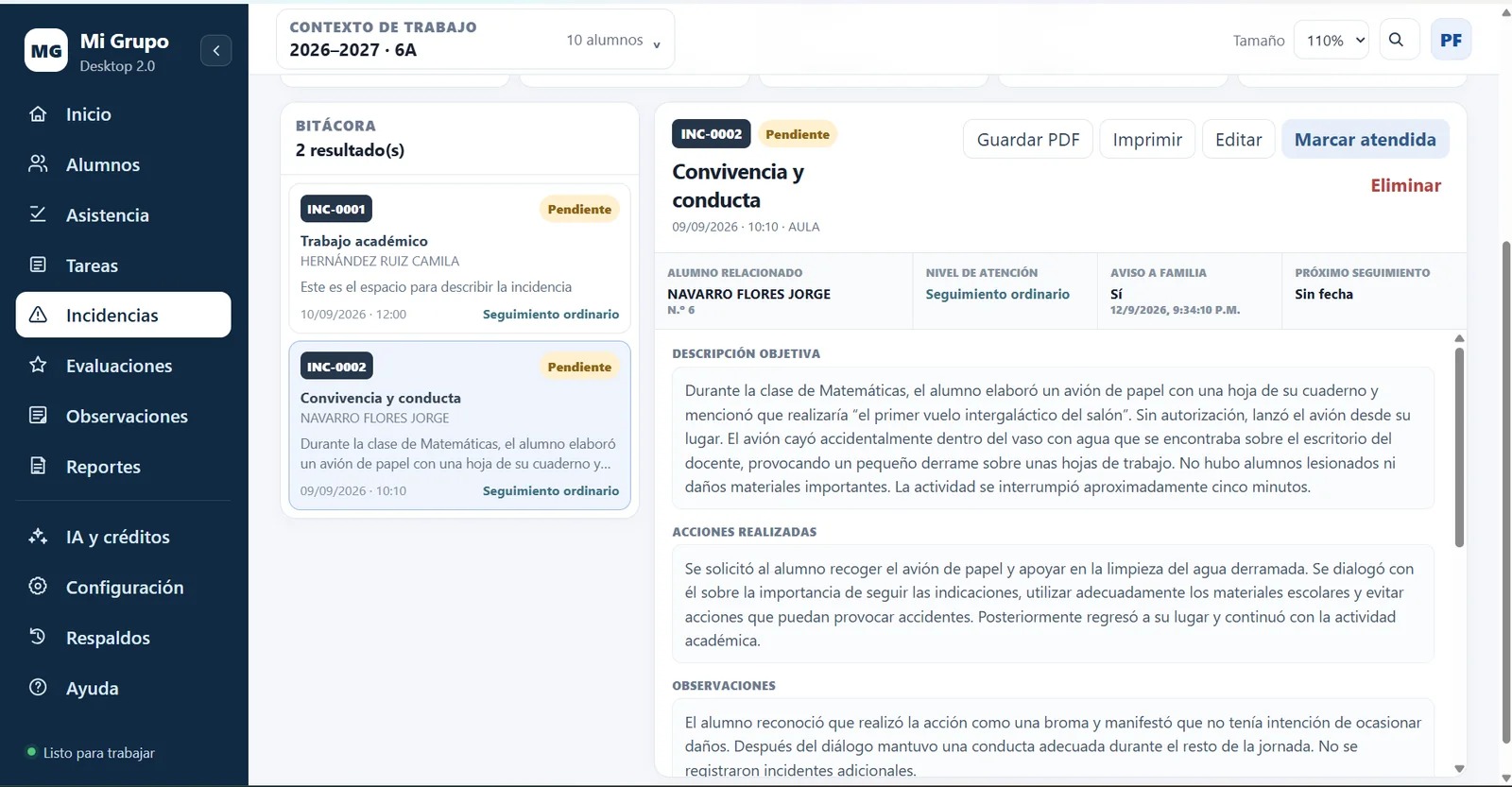Captura real del seguimiento de incidencias escolares