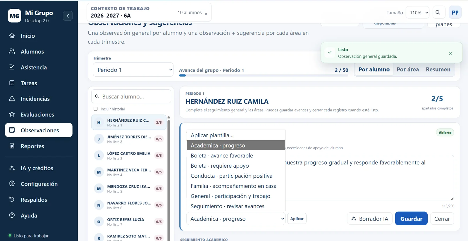 Captura real del módulo de observaciones por alumno