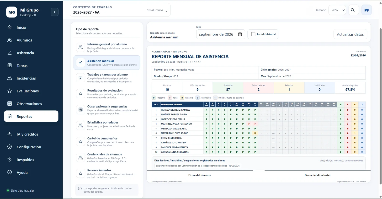 Reporte mensual de asistencia generado por Mi Grupo Desktop