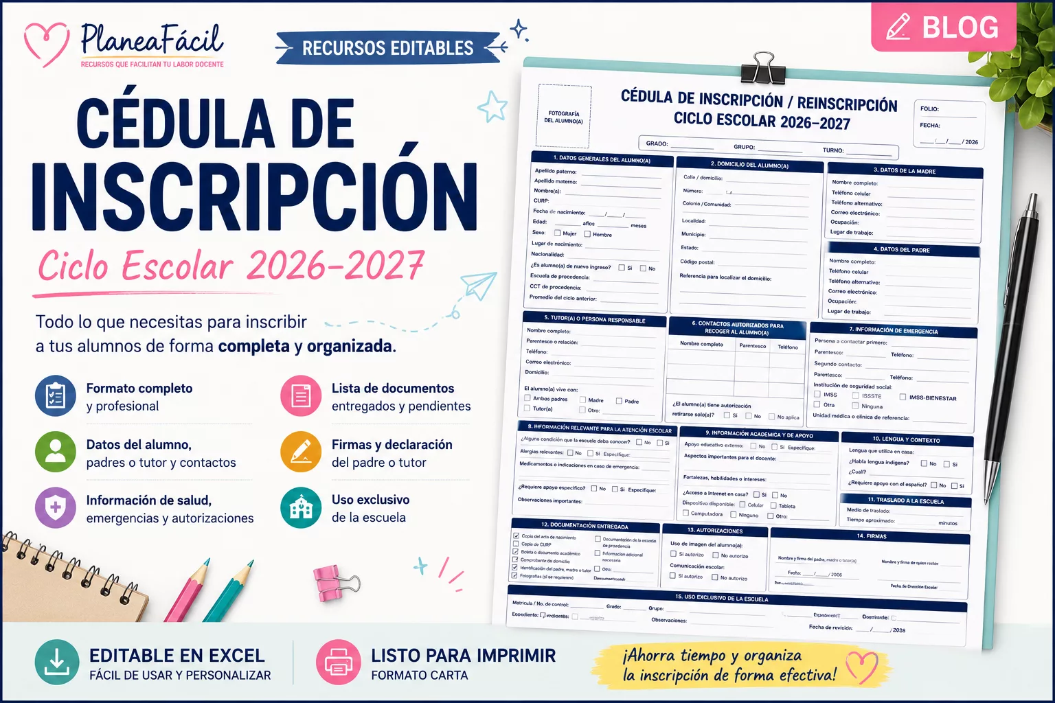 Cédula de inscripción y reinscripción para ciclo escolar 2026–2027