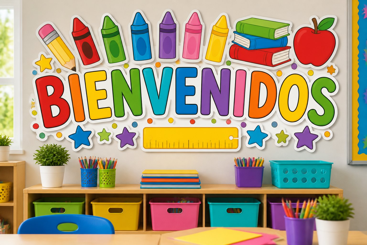Letrero colorido de bienvenida para aula escolar