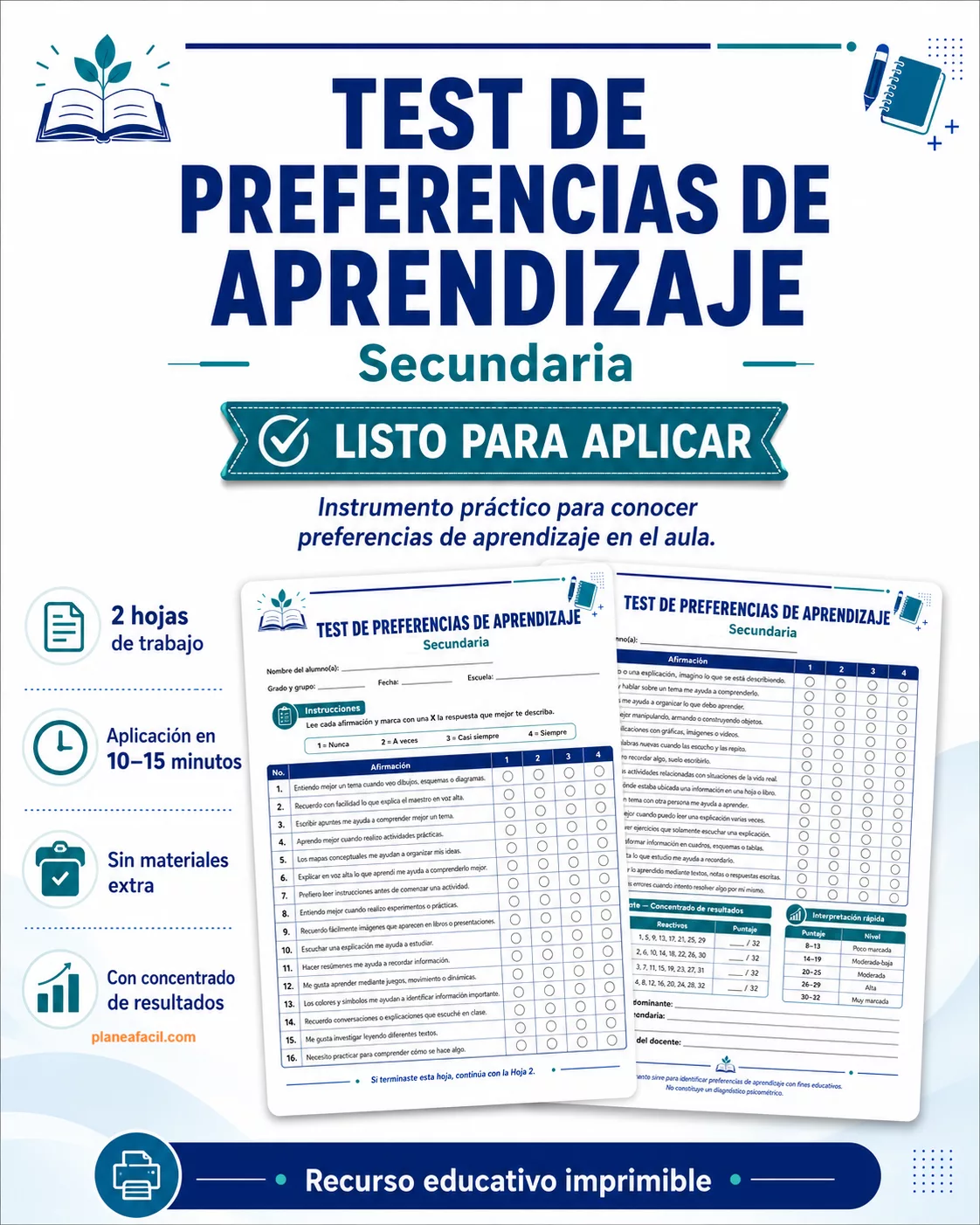 Portada de Test de Preferencias de Aprendizaje para Secundaria