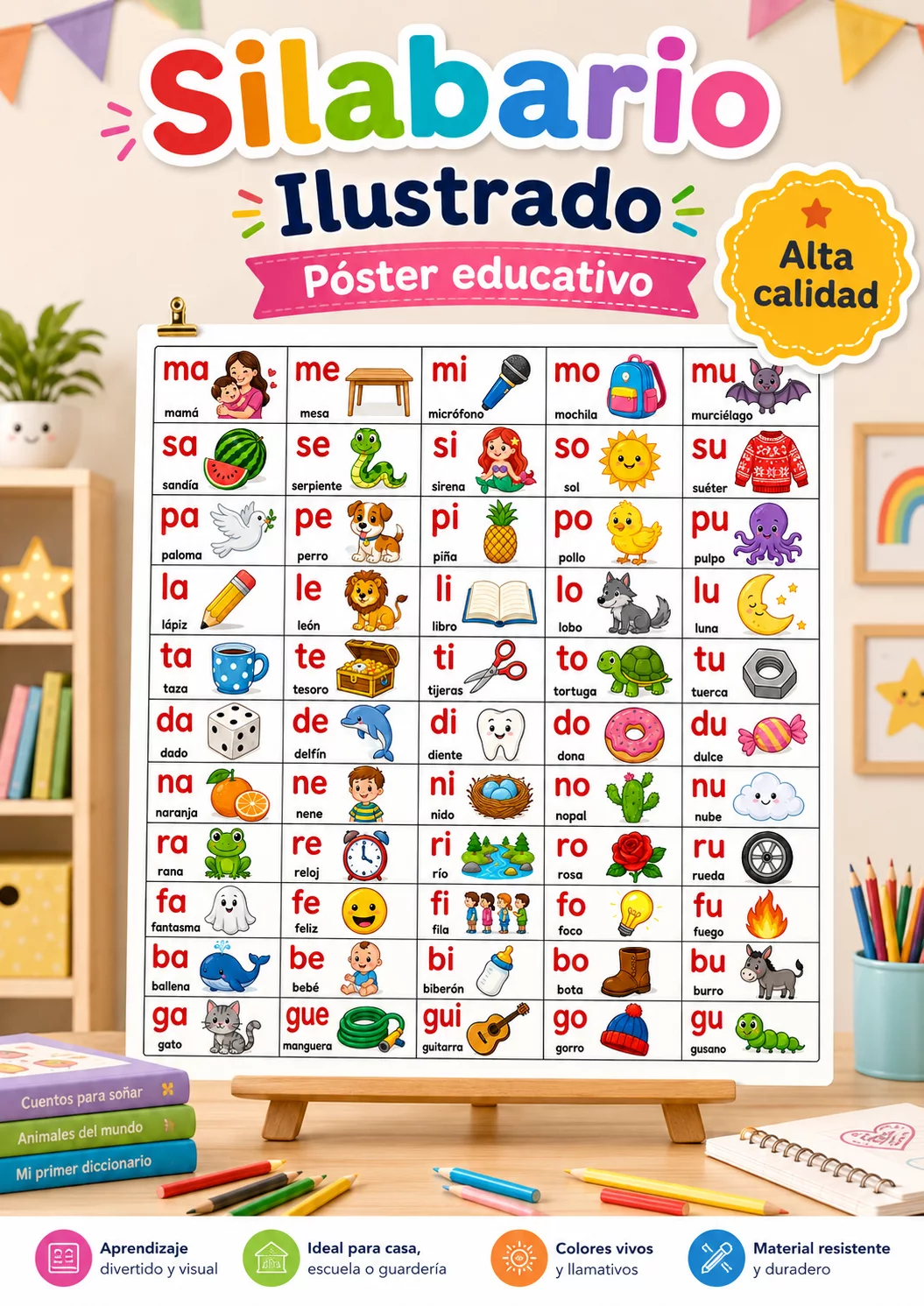 Portada de Silabario con imágenes para aprender sílabas básicas en español
