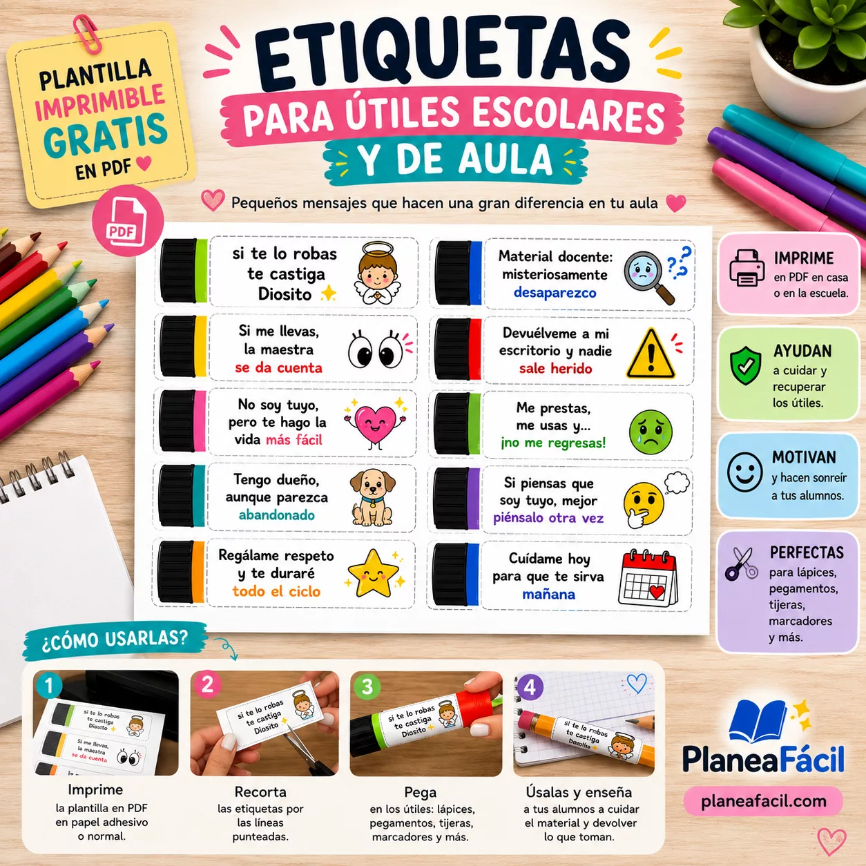 Portada de Etiquetas para útiles escolares con instrucciones de uso