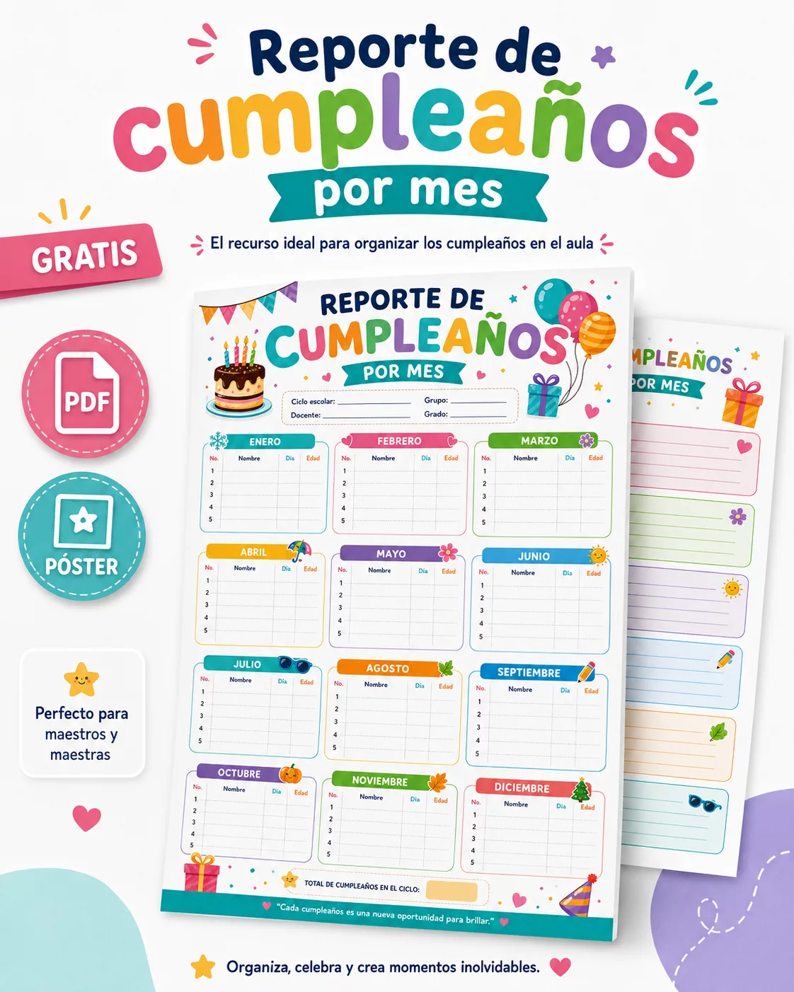 Reporte de cumpleaños escolar mensual para registro docente