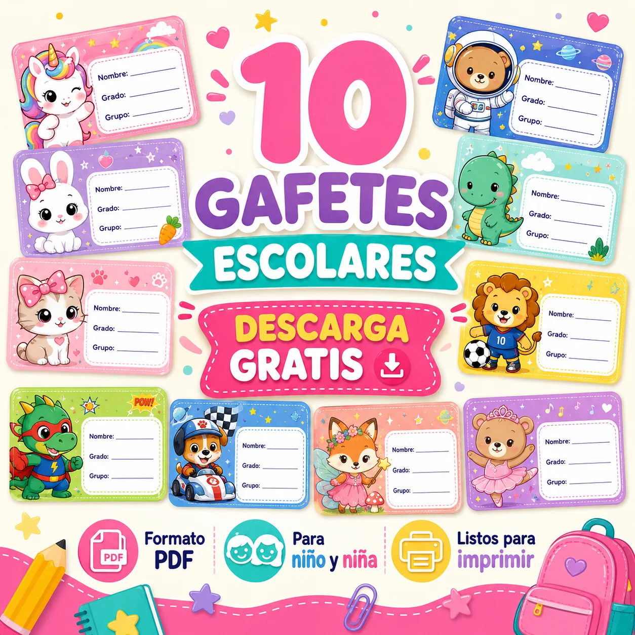 Portada de Etiquetas con nombre para niños con diseños de animales y personajes