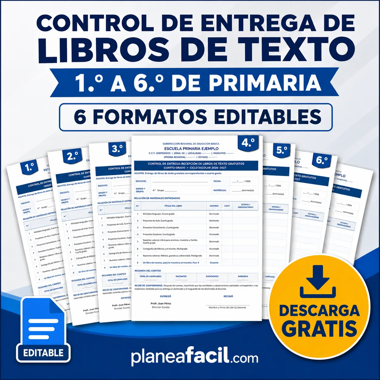 Portada de Formato de control de entrega y recepción de libros de texto gratuitos para primaria