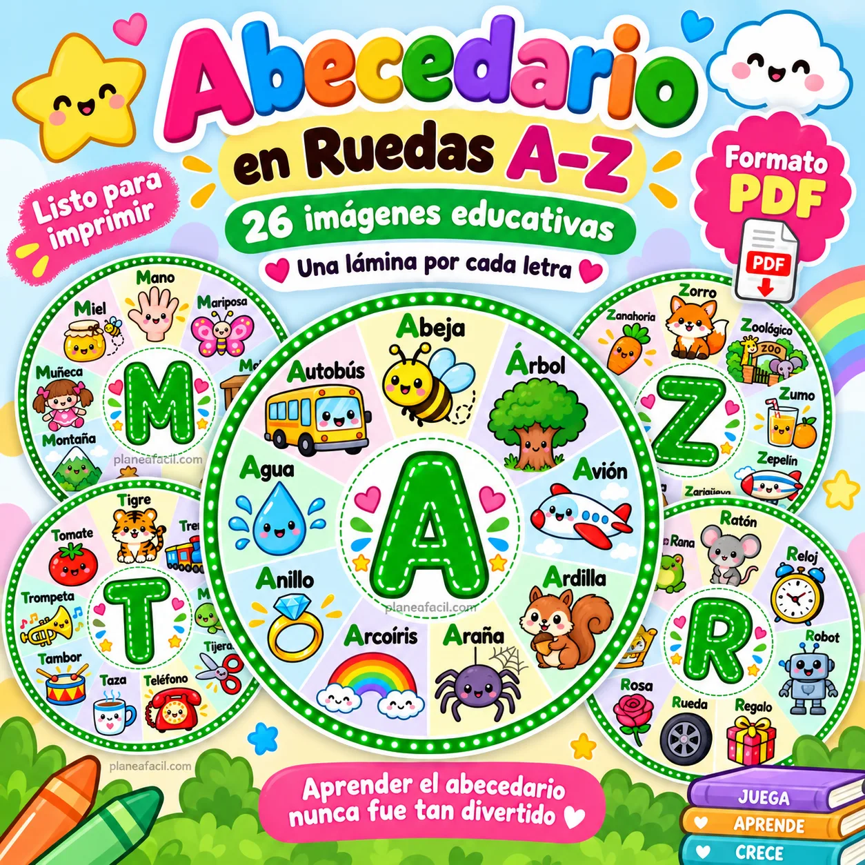 Abecedario ilustrado con palabras en español para educación inicial