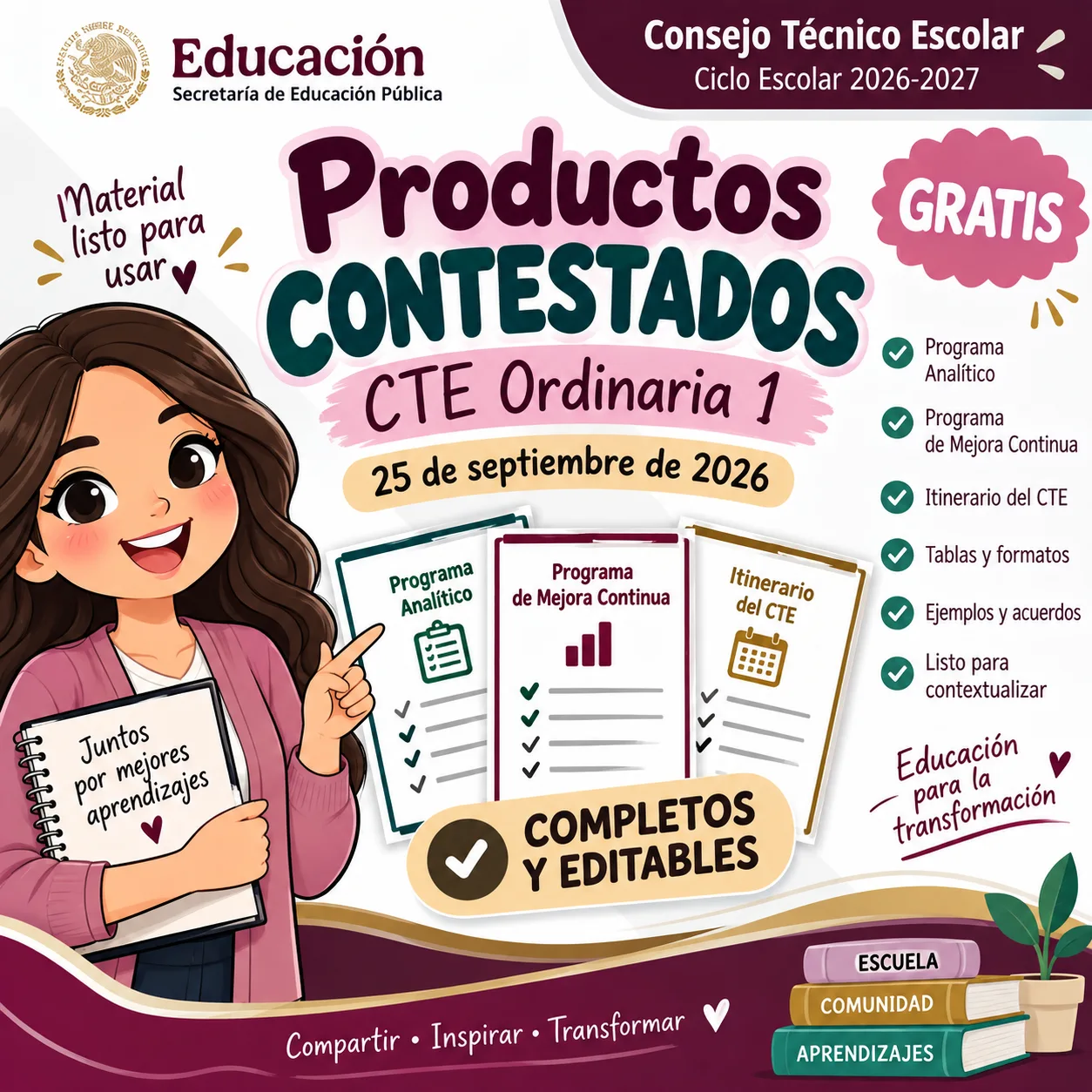 Productos contestados de la Primera Sesión Ordinaria del Consejo Técnico Escolar 2026 en Word editable