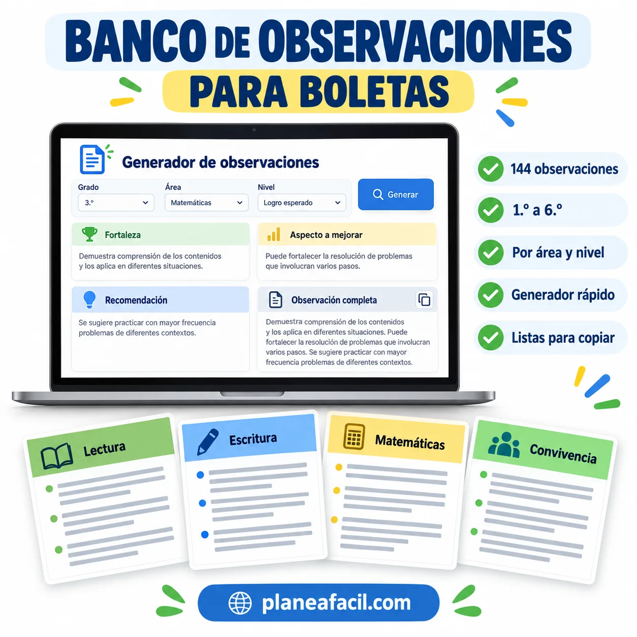 Banco de observaciones y recomendaciones para primaria de 1.º a 6.º grado