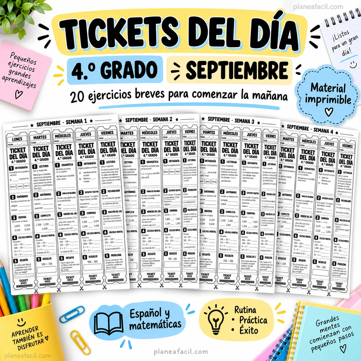 Ejercicios diarios de reforzamiento para 4º grado en septiembre