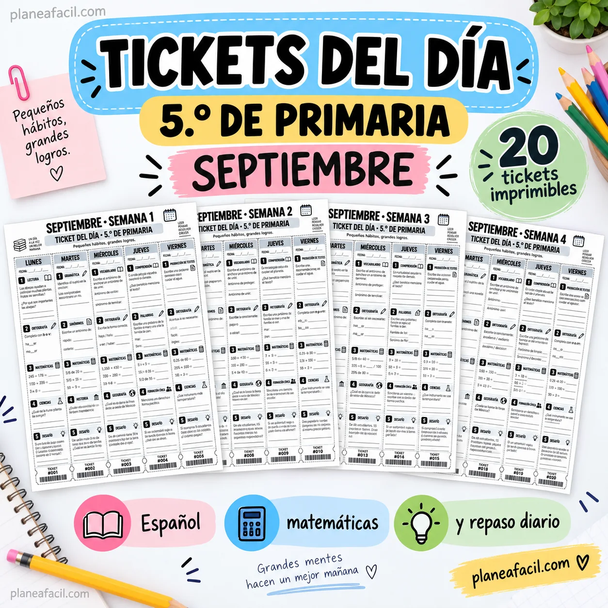 Portada de Tickets de actividades diarias para 5.º de primaria: septiembre