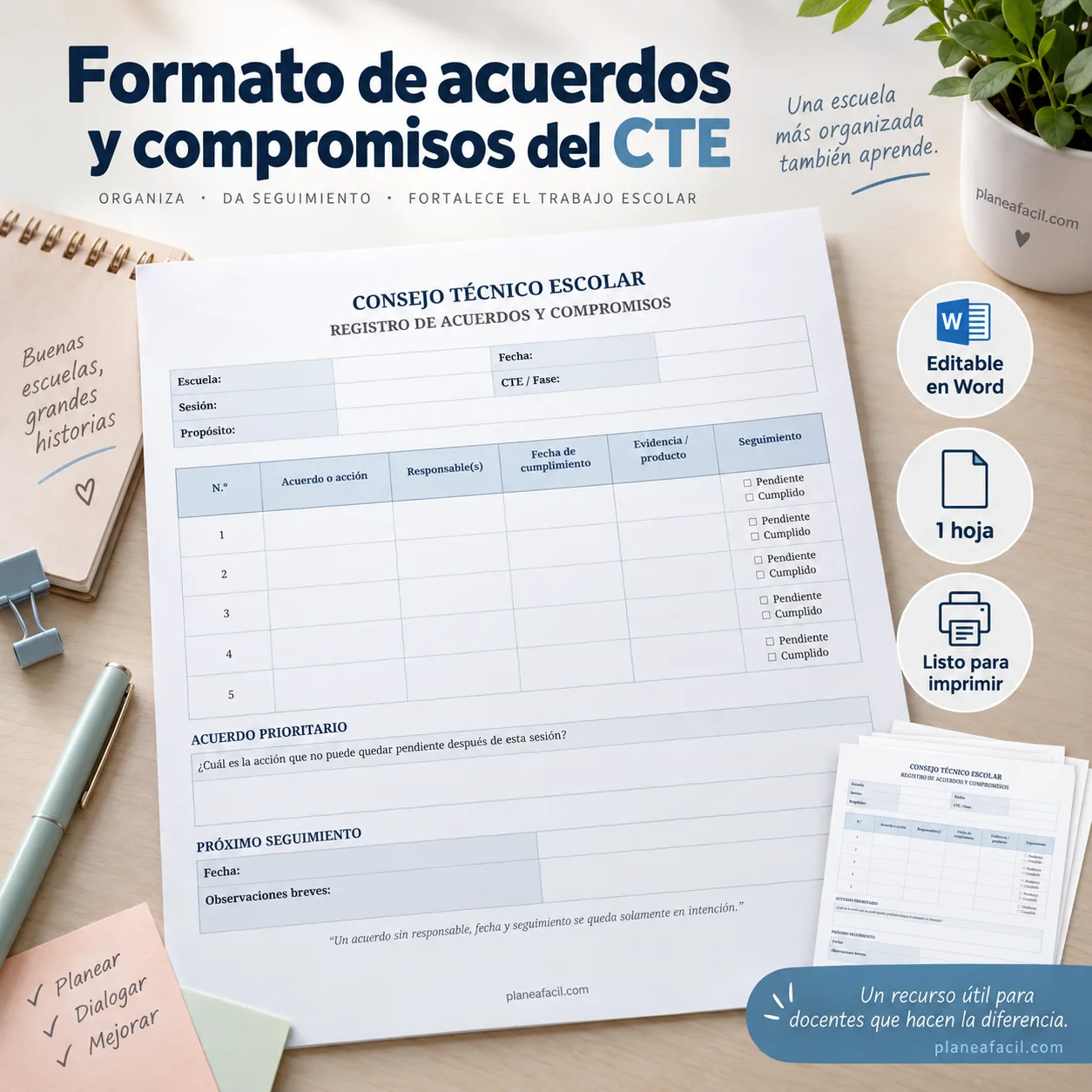 Formato para Registro de Acuerdos y Compromisos en Consejo Técnico Escolar