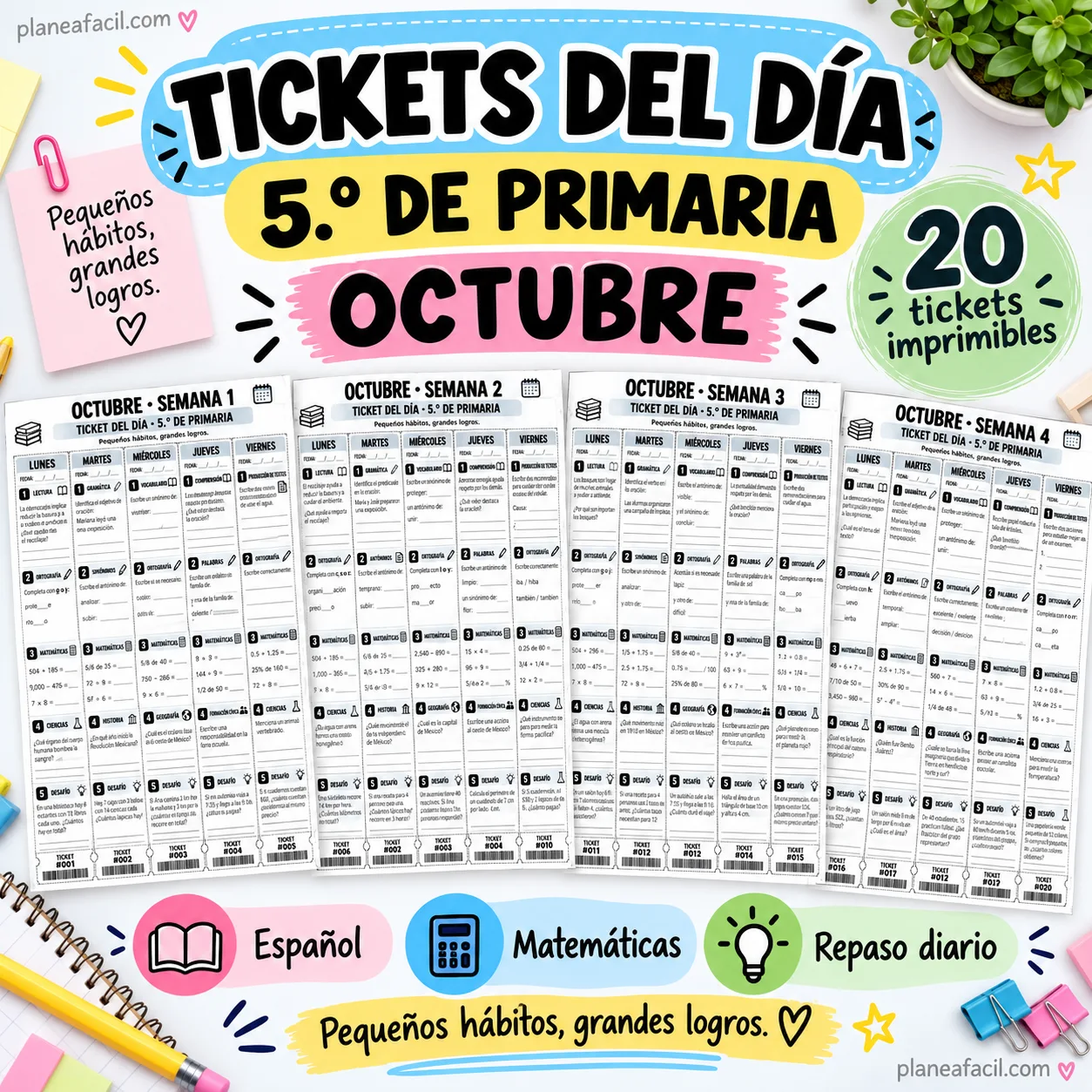 Material de ejercicios semanales para 5.º de primaria en octubre