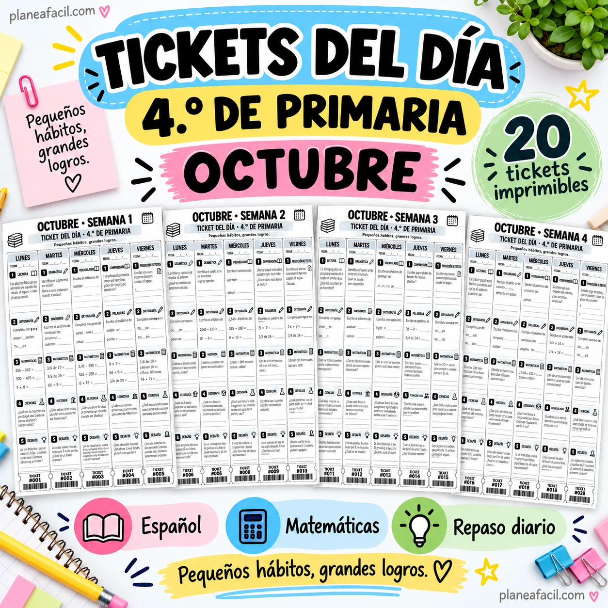 Tickets diarios para 4° de primaria en octubre