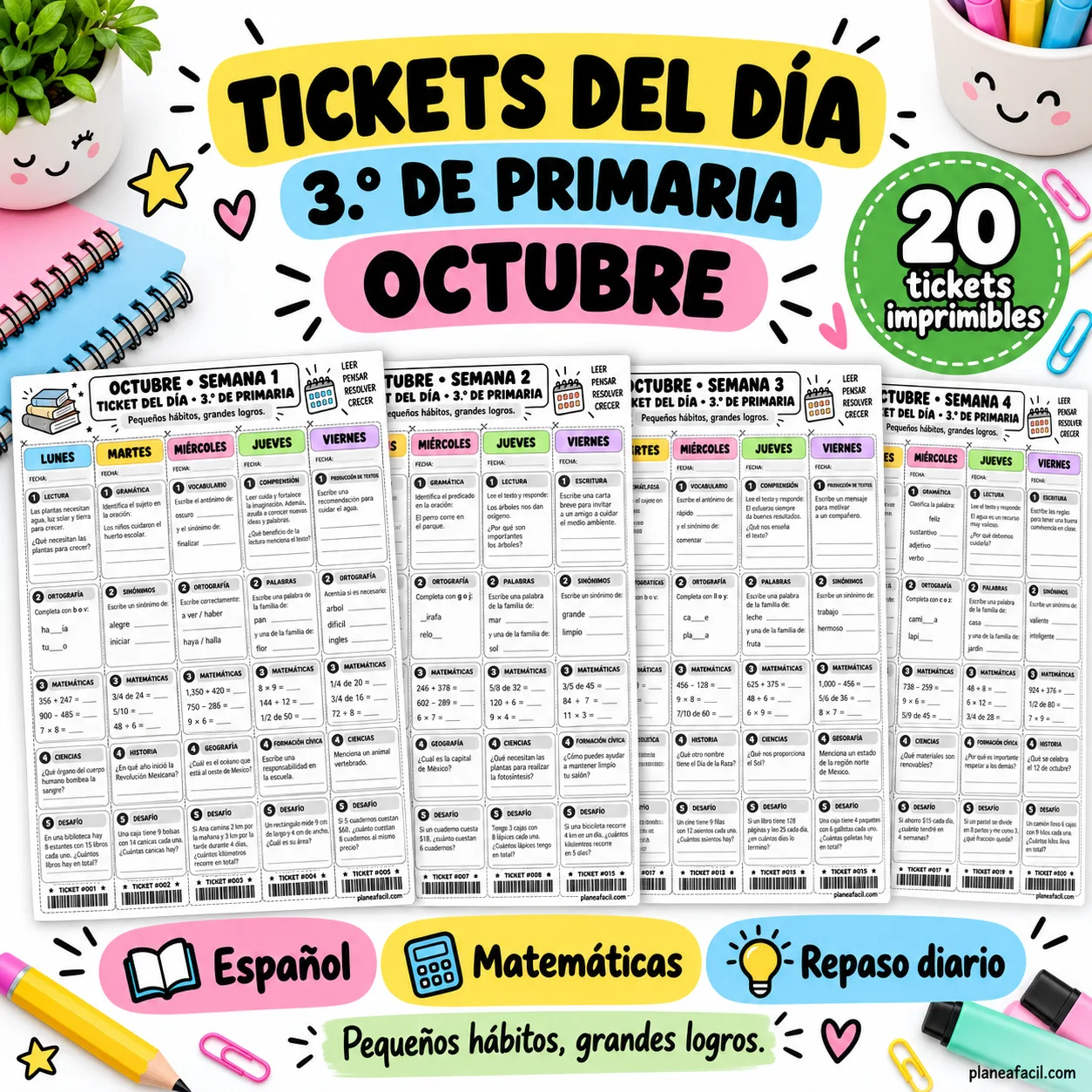 Portada de Tickets del Día para 3° de Primaria - Octubre