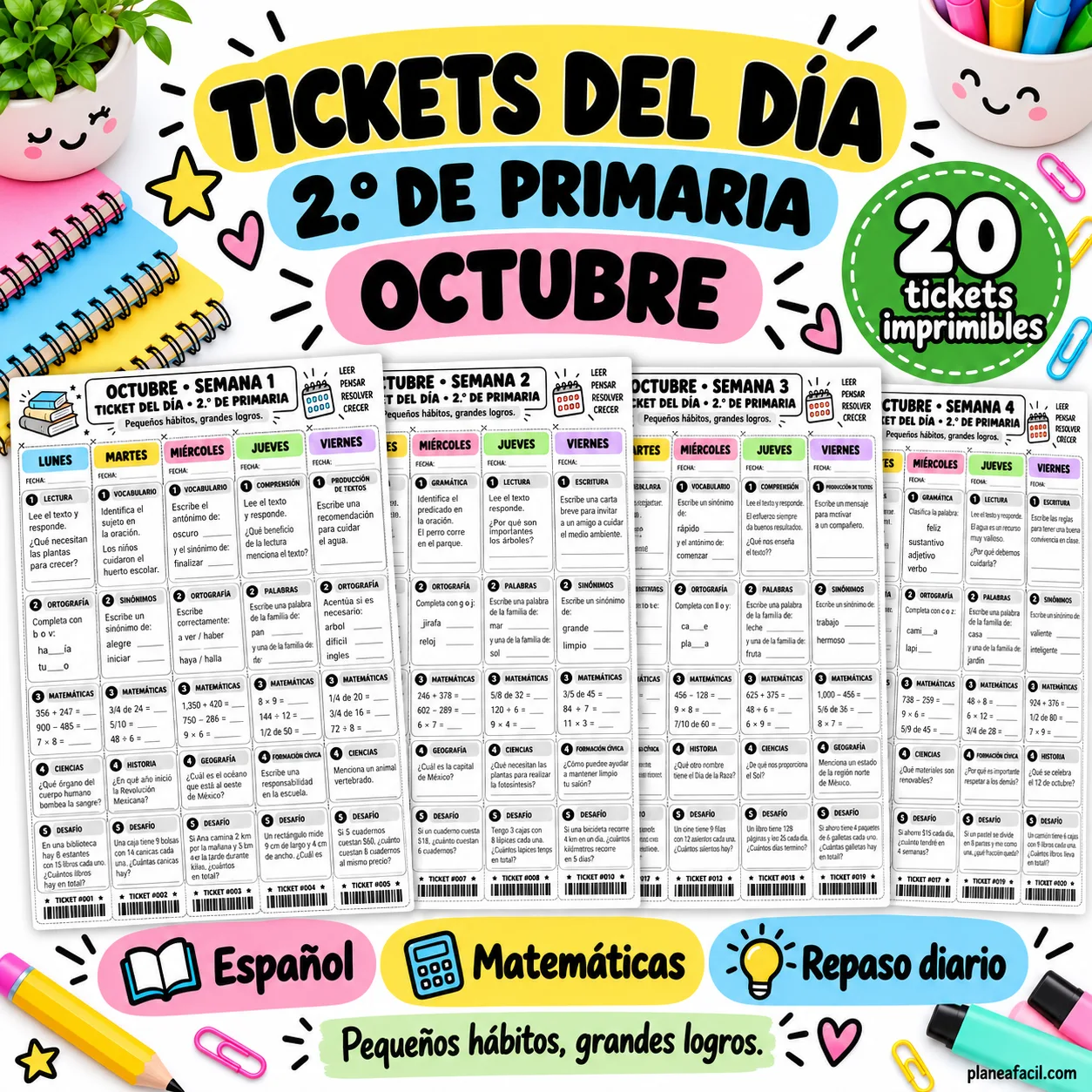 Portada de Tickets diarios para segundo de primaria en octubre