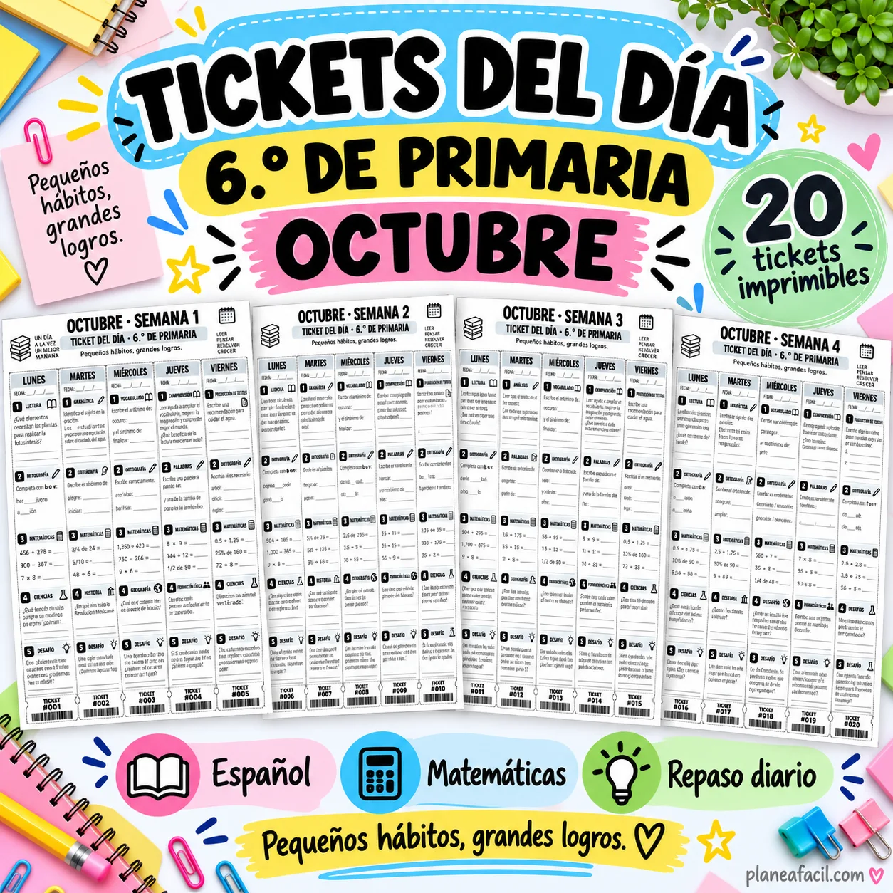 Tickets del Día para 6.º de Primaria - Ejercicios de Octubre