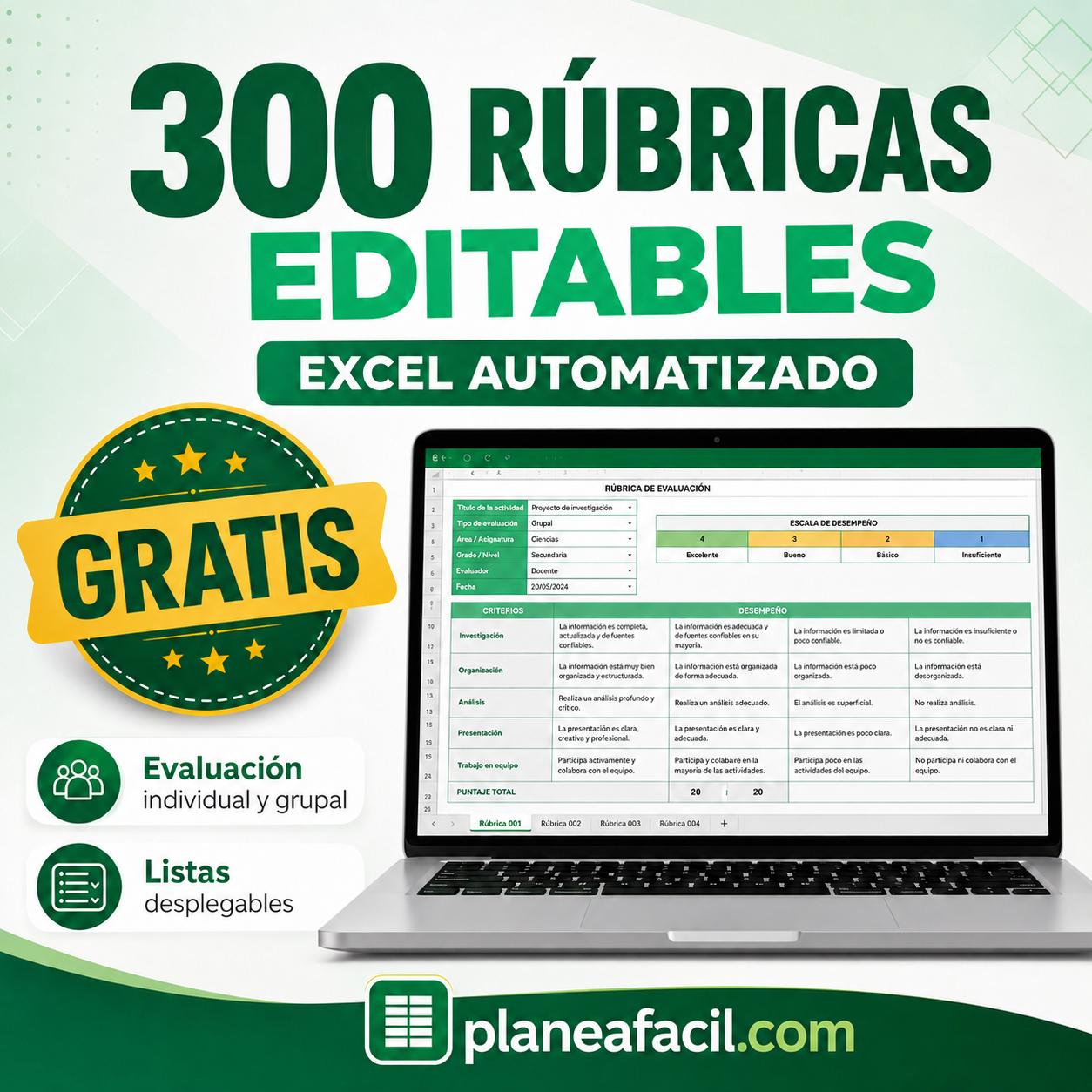 300 rúbricas editables en Excel automatizado