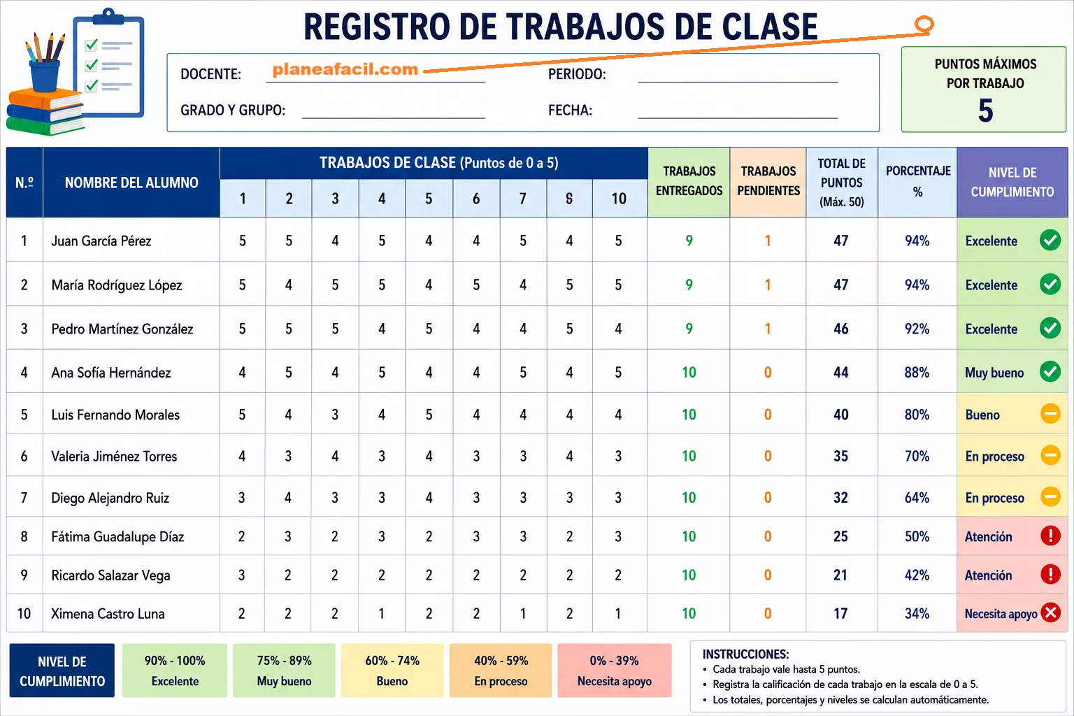 Portada de Registro de Trabajos de Clase en Excel – Automático y Editable