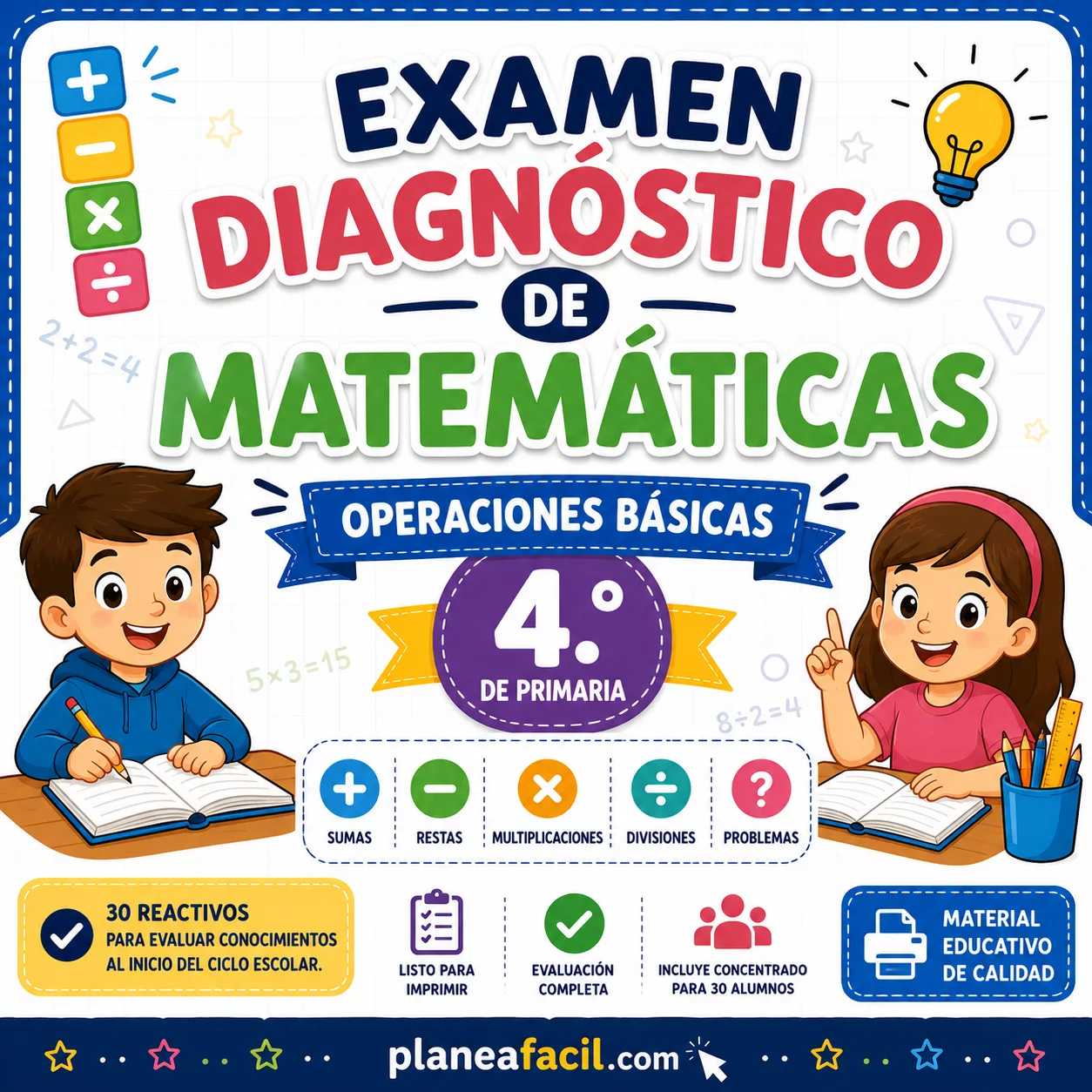 Portada de Examen Diagnóstico de Matemáticas | Operaciones Básicas para 4.º